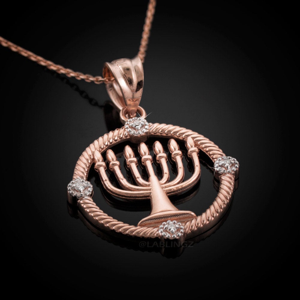 Gold Shabbat Menorah Hebrew Diamond Pendant Necklace (10k, 14k, yellow, white, rose gold) Karma Blingz