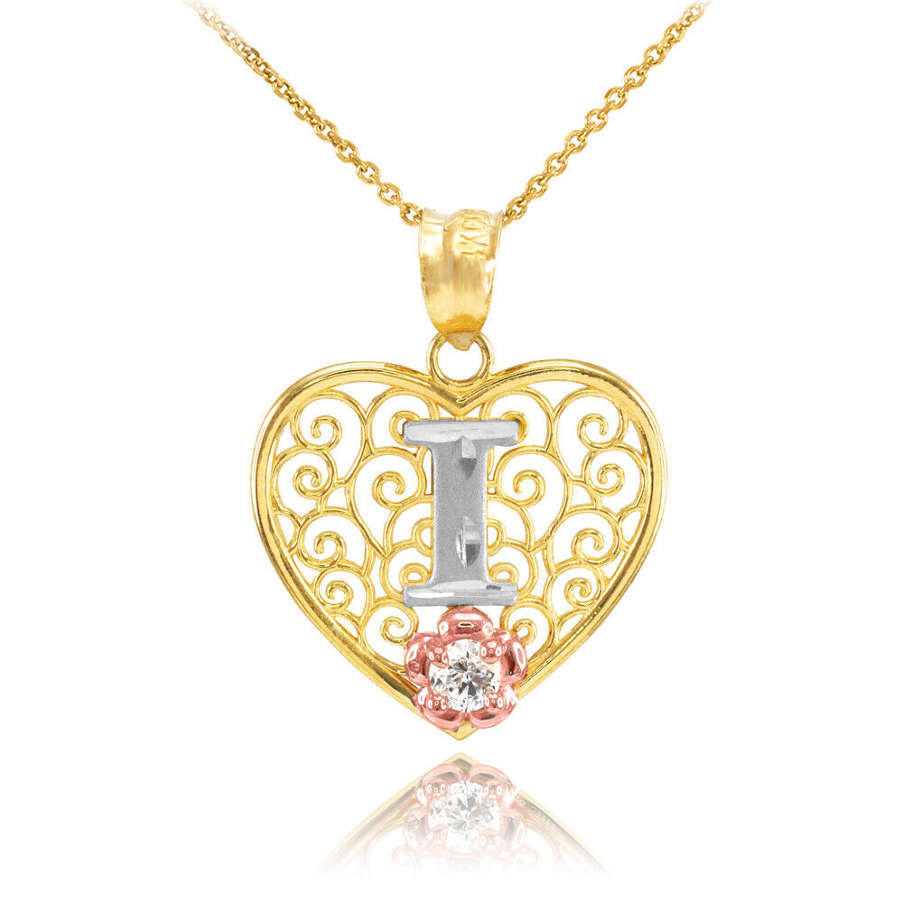 14K Multi-Tone Yellow Gold Filigree Heart Letter Initial A-Z Alphabet CZ Pendant Necklace Karma Blingz