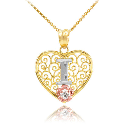 14K Multi-Tone Yellow Gold Filigree Heart Letter Initial A-Z Alphabet CZ Pendant Necklace Karma Blingz
