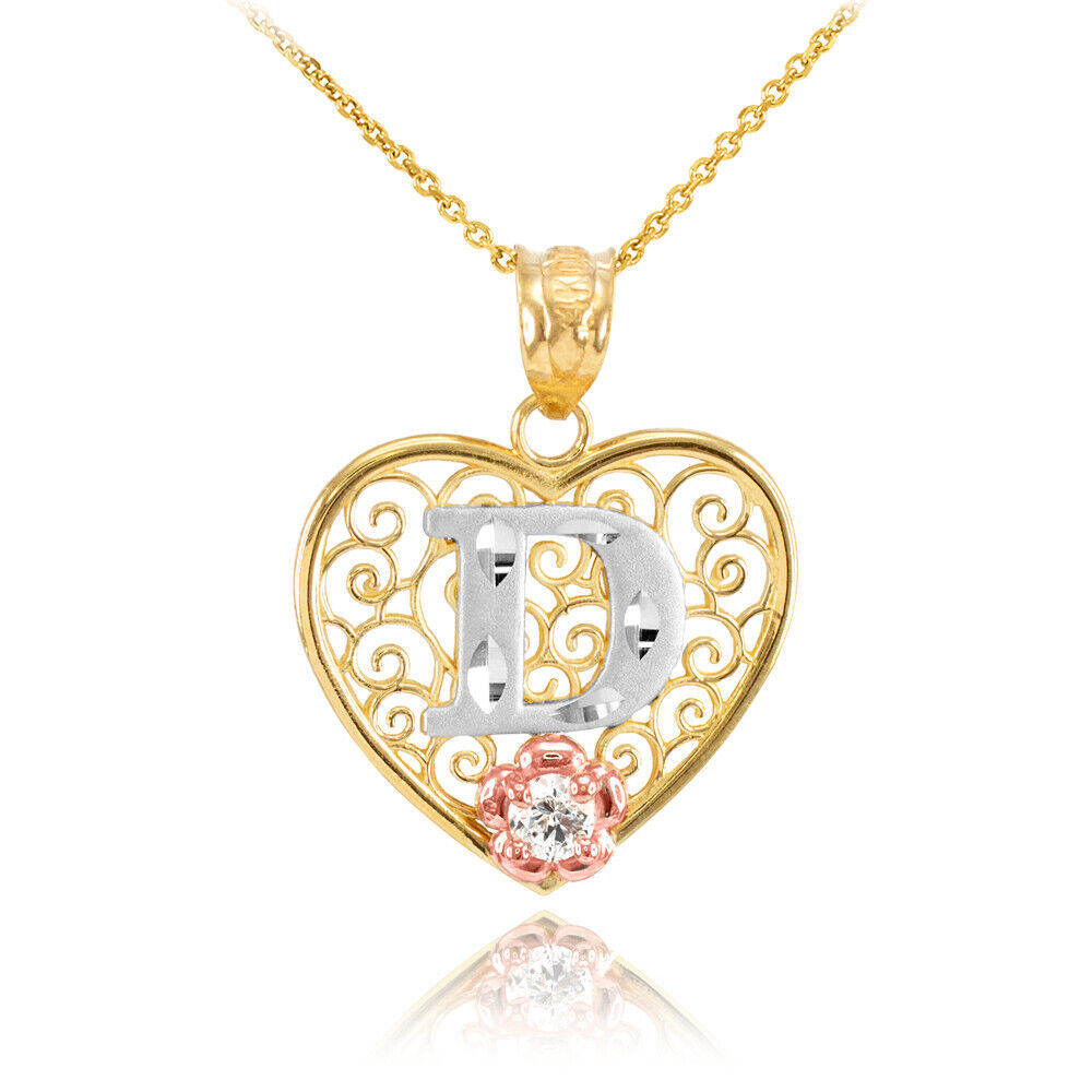 14K Multi-Tone Yellow Gold Filigree Heart Letter Initial A-Z Alphabet CZ Pendant Necklace Karma Blingz