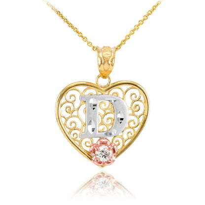 14K Multi-Tone Yellow Gold Filigree Heart Letter Initial A-Z Alphabet CZ Pendant Necklace Karma Blingz