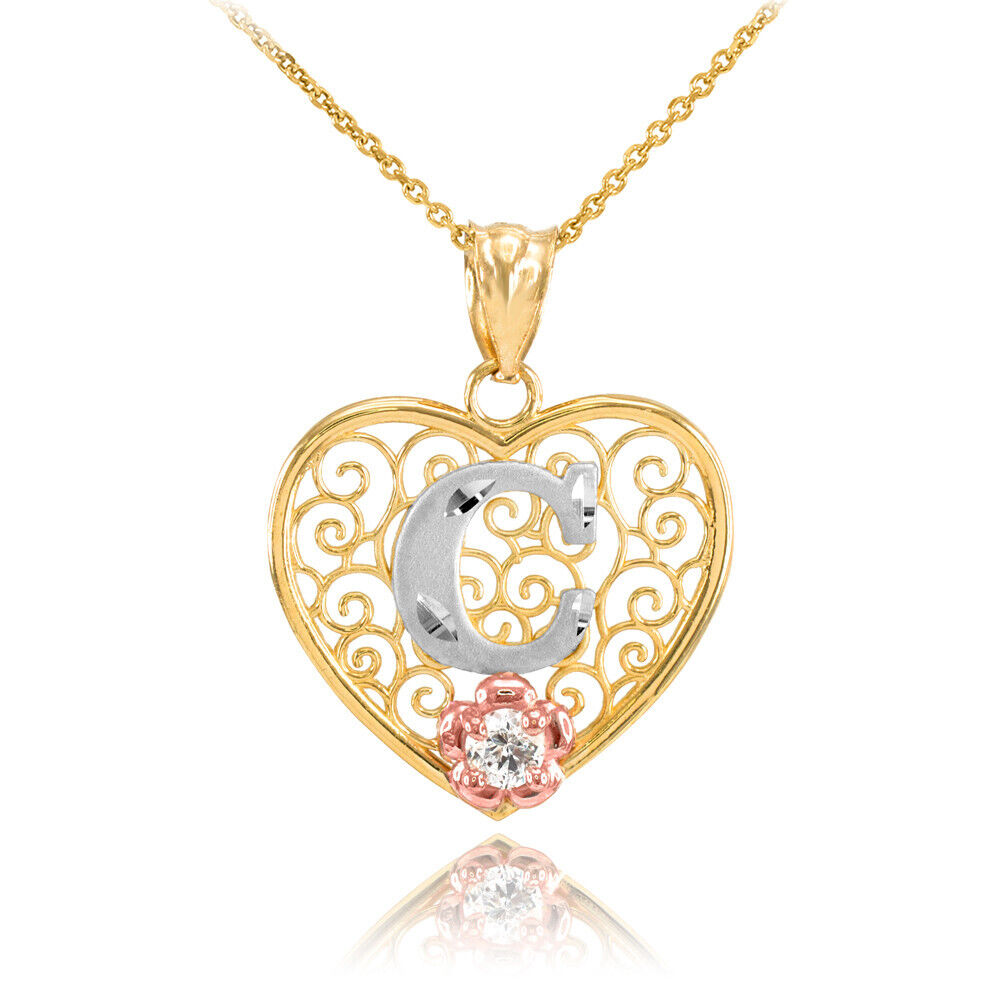 14K Multi-Tone Yellow Gold Filigree Heart Letter Initial A-Z Alphabet CZ Pendant Necklace Karma Blingz