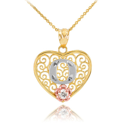 14K Multi-Tone Yellow Gold Filigree Heart Letter Initial A-Z Alphabet CZ Pendant Necklace Karma Blingz
