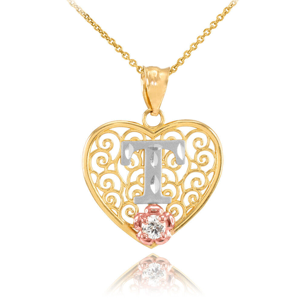 14K Multi-Tone Yellow Gold Filigree Heart Letter Initial A-Z Alphabet CZ Pendant Necklace Karma Blingz