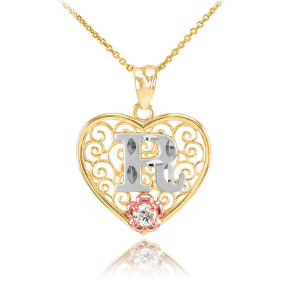 14K Multi-Tone Yellow Gold Filigree Heart Letter Initial A-Z Alphabet CZ Pendant Necklace Karma Blingz