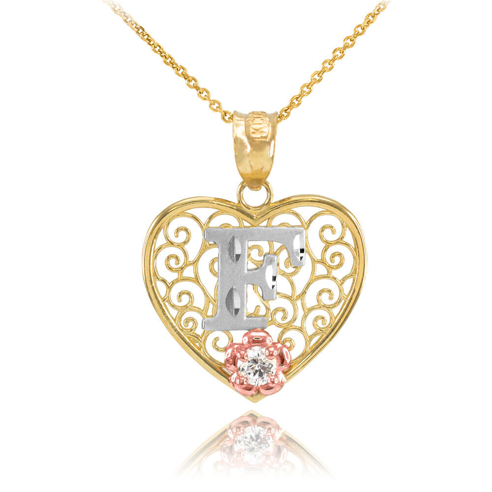 14K Multi-Tone Yellow Gold Filigree Heart Letter Initial A-Z Alphabet CZ Pendant Necklace Karma Blingz