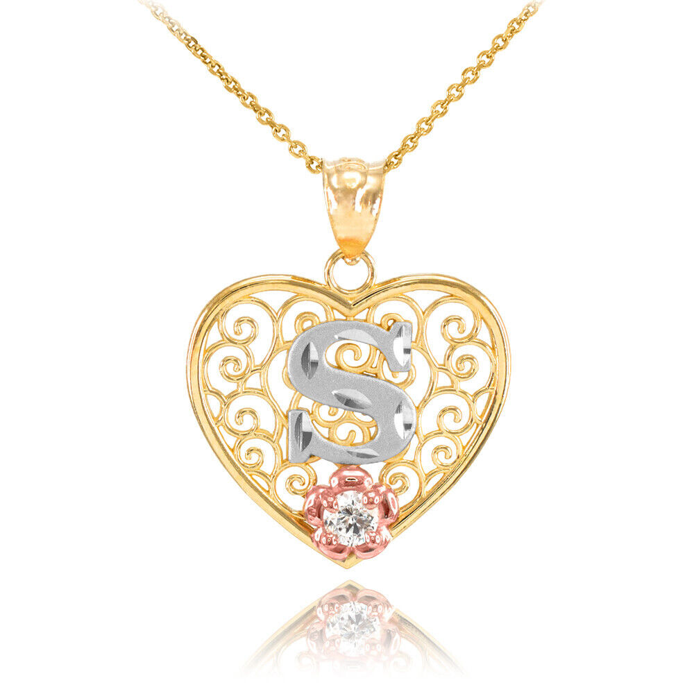 14K Multi-Tone Yellow Gold Filigree Heart Letter Initial A-Z Alphabet CZ Pendant Necklace Karma Blingz