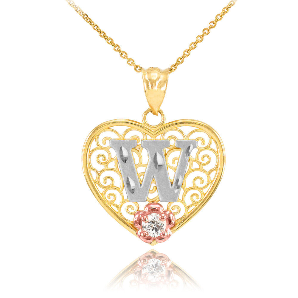 14K Multi-Tone Yellow Gold Filigree Heart Letter Initial A-Z Alphabet CZ Pendant Necklace Karma Blingz