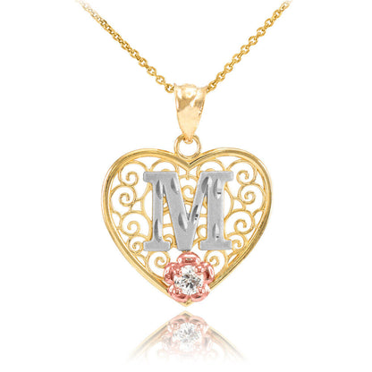 14K Multi-Tone Yellow Gold Filigree Heart Letter Initial A-Z Alphabet CZ Pendant Necklace Karma Blingz