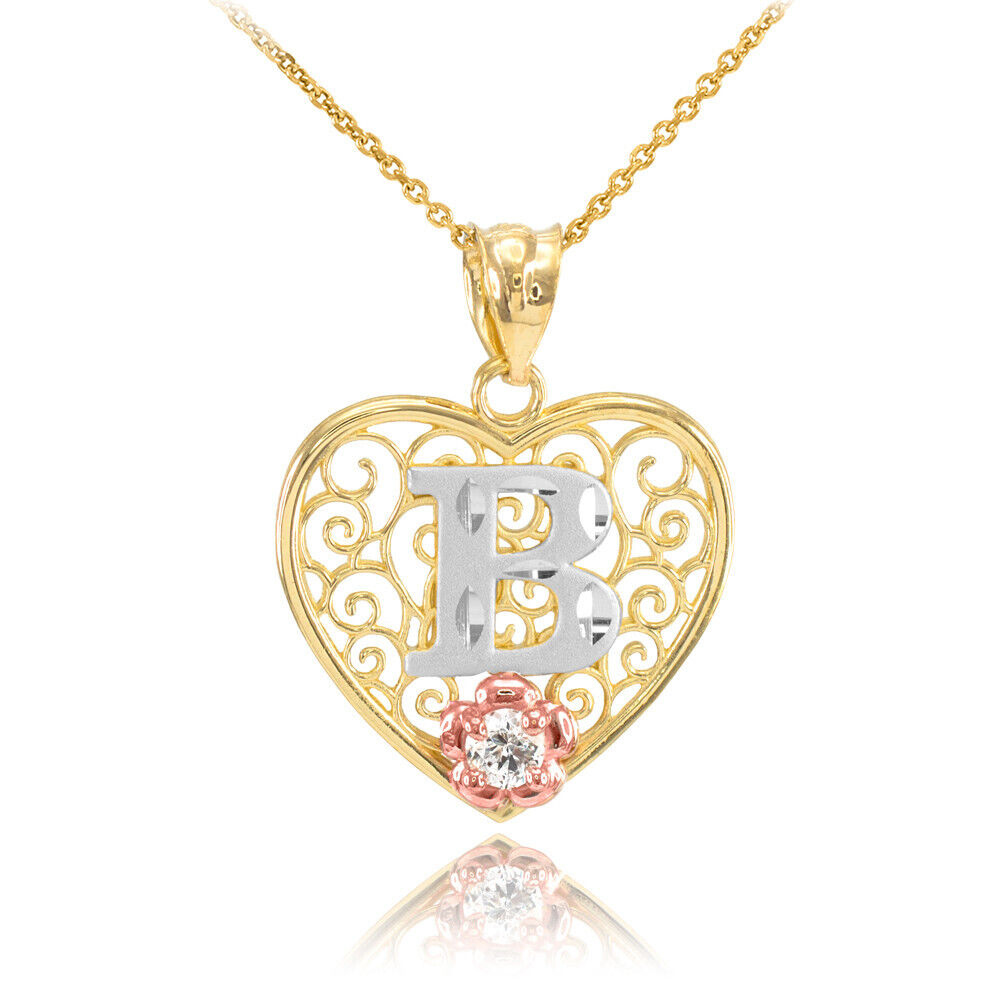 14K Multi-Tone Yellow Gold Filigree Heart Letter Initial A-Z Alphabet CZ Pendant Necklace Karma Blingz