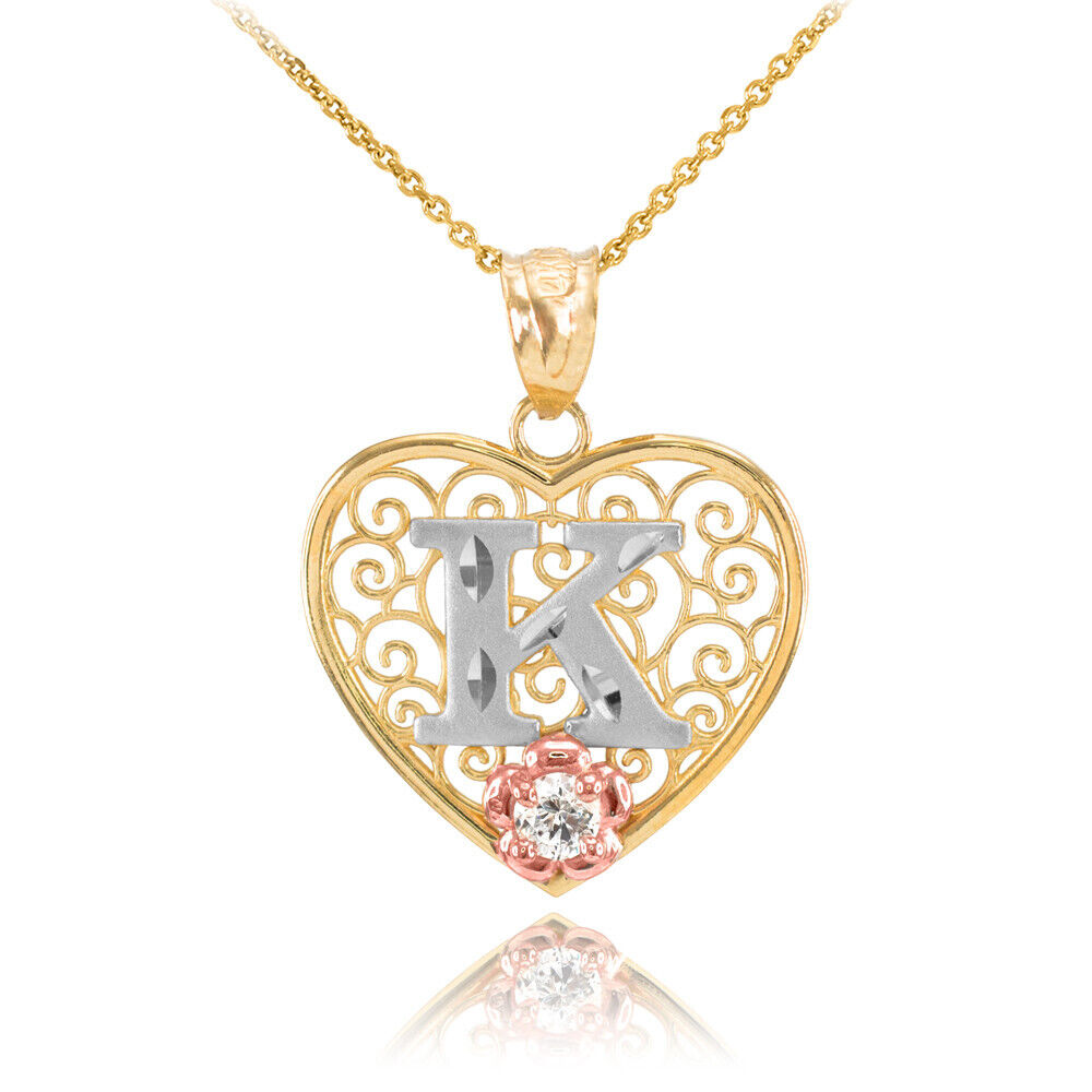 14K Multi-Tone Yellow Gold Filigree Heart Letter Initial A-Z Alphabet CZ Pendant Necklace Karma Blingz