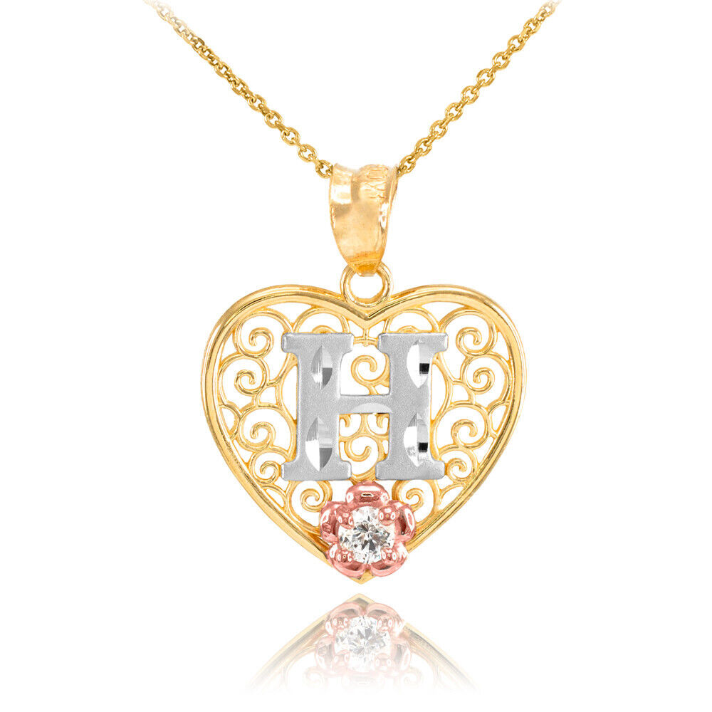 14K Multi-Tone Yellow Gold Filigree Heart Letter Initial A-Z Alphabet CZ Pendant Necklace Karma Blingz