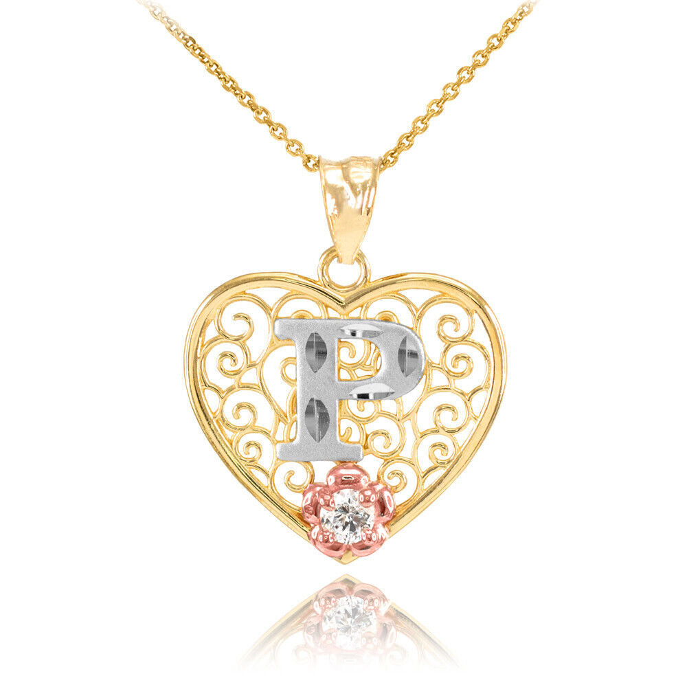 14K Multi-Tone Yellow Gold Filigree Heart Letter Initial A-Z Alphabet CZ Pendant Necklace Karma Blingz