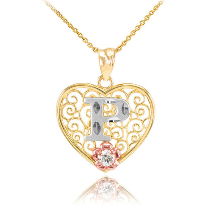 14K Multi-Tone Yellow Gold Filigree Heart Letter Initial A-Z Alphabet CZ Pendant Necklace Karma Blingz
