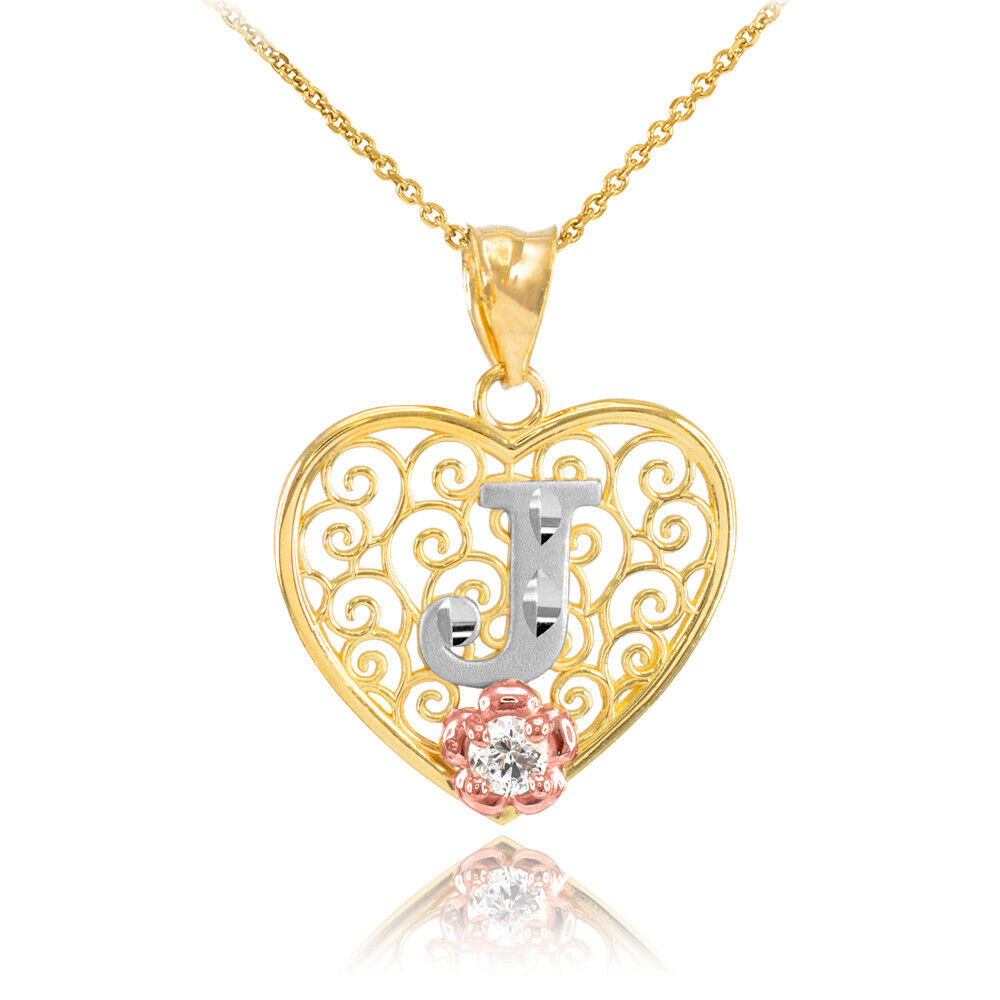 14K Multi-Tone Yellow Gold Filigree Heart Letter Initial A-Z Alphabet CZ Pendant Necklace Karma Blingz