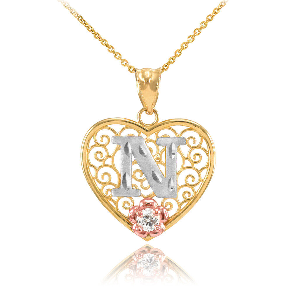 14K Multi-Tone Yellow Gold Filigree Heart Letter Initial A-Z Alphabet CZ Pendant Necklace Karma Blingz