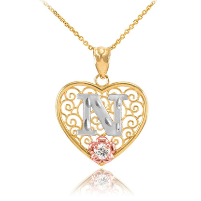 14K Multi-Tone Yellow Gold Filigree Heart Letter Initial A-Z Alphabet CZ Pendant Necklace Karma Blingz