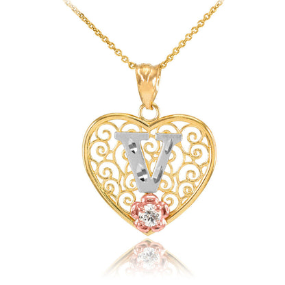 14K Multi-Tone Yellow Gold Filigree Heart Letter Initial A-Z Alphabet CZ Pendant Necklace Karma Blingz