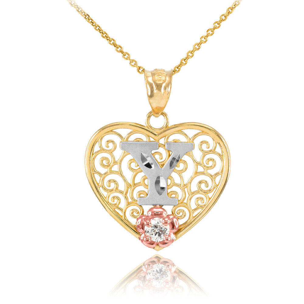 14K Multi-Tone Yellow Gold Filigree Heart Letter Initial A-Z Alphabet CZ Pendant Necklace Karma Blingz