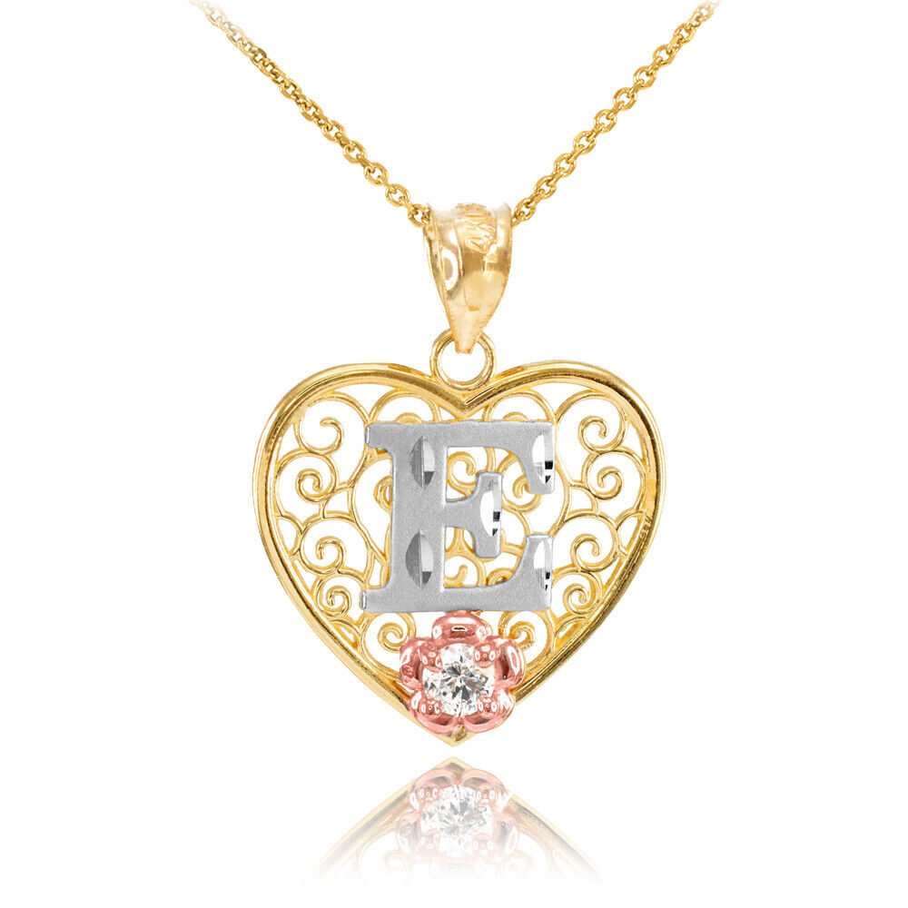 14K Multi-Tone Yellow Gold Filigree Heart Letter Initial A-Z Alphabet CZ Pendant Necklace Karma Blingz